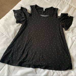 Elle Cold Shoulder, Ruffle Short Sleeve, Black with White Polka Dots Top - M